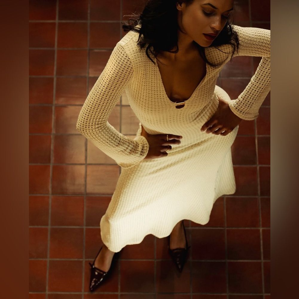 ZARA CROCHET LINED LONG SLEEVE MIDI DRESS ECRU w Gold detail M NWT - Picture 7 of 16